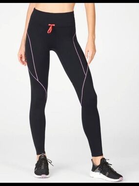 Fabletics Black High-Waist Leggings with Pink Piping and Red Drawcord